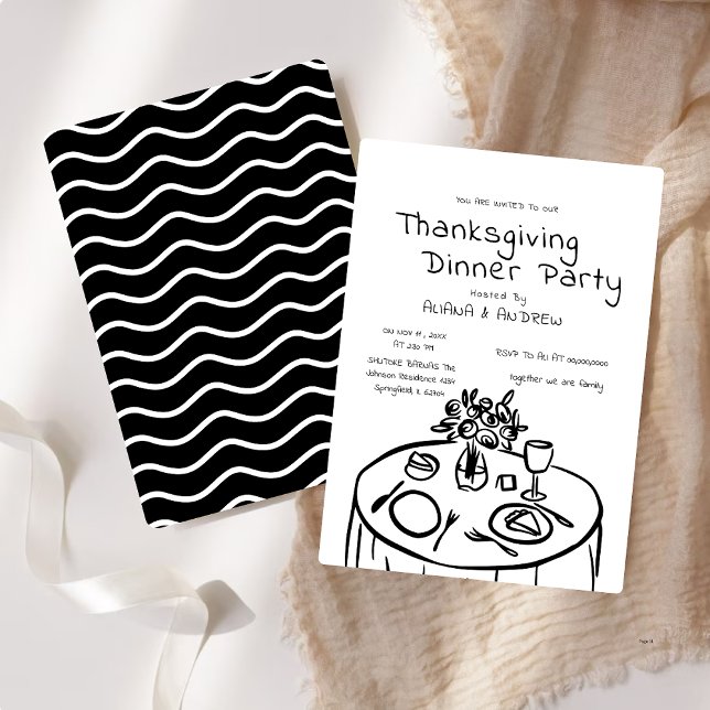 Black Hand Drawn Whimsy Thanksgiving Dinner Invitation (Creator Uploaded)