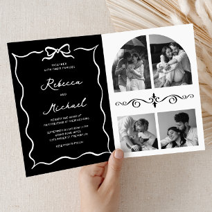 Black Hand Drawn White Bow QR Code Photo Wedding Invitation