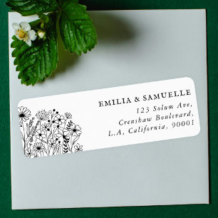 Black Hand Drawn Wildflowers Rustic Return Address Label