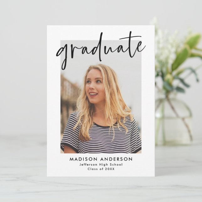 Black Hand-Lettered Script Photo Graduation Party Invitation (Standing Front)