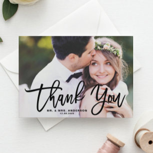 Black Hand Lettering Modern Photo Wedding Thank You Card