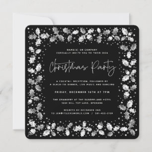 Black Hand Printed Holly+Berries Christmas Party Invitation