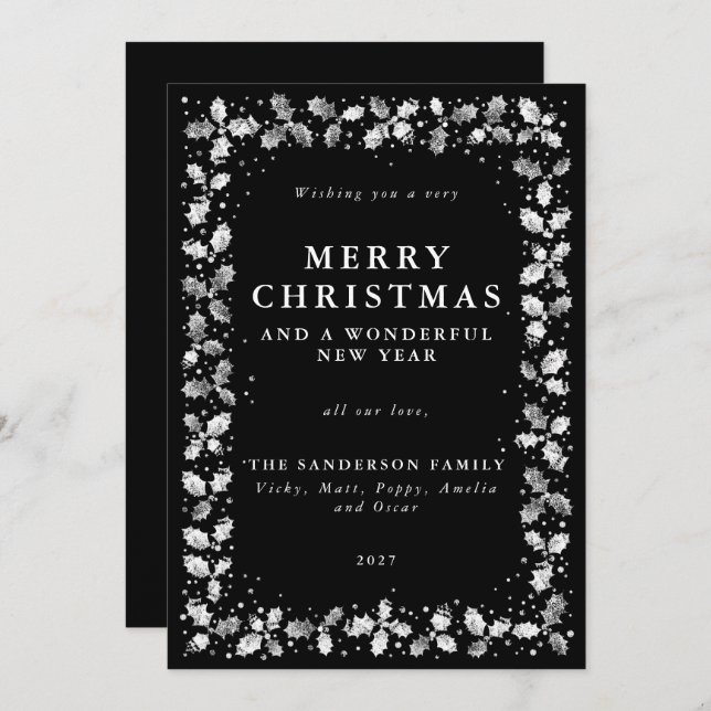 Black Hand Printed Holly Holiday Card (Front/Back)