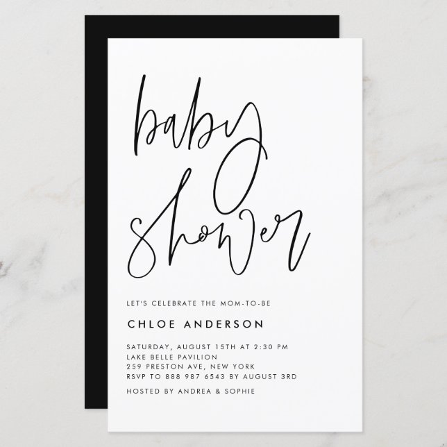 Black Handwritten Script Baby Shower Invite (Front/Back)