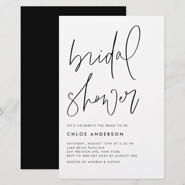 Black Handwritten Script Bridal Shower Invite (Front/Back)