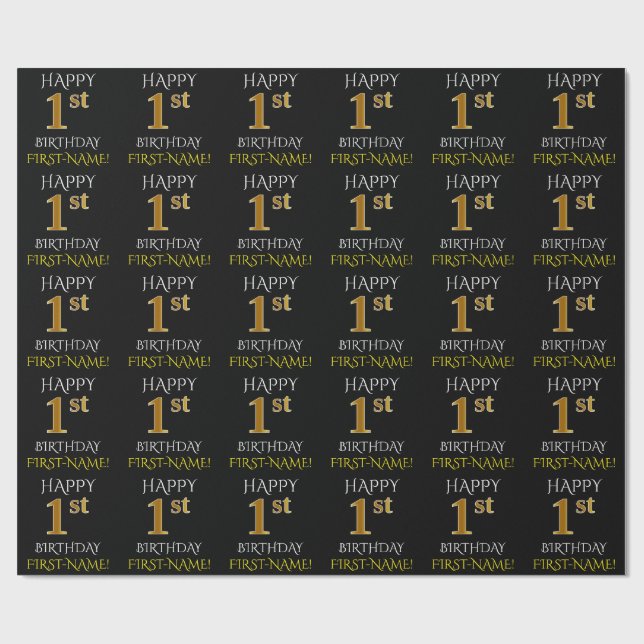 Black, "HAPPY 1st BIRTHDAY" Wrapping Paper (Flat)