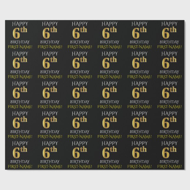Black, "HAPPY 6th BIRTHDAY" Wrapping Paper (Flat)