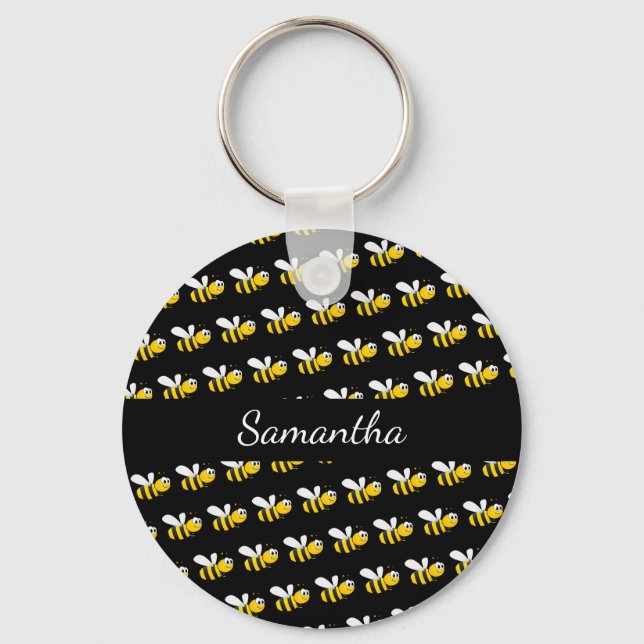 Black happy bumble bees monogram name key ring (Front)