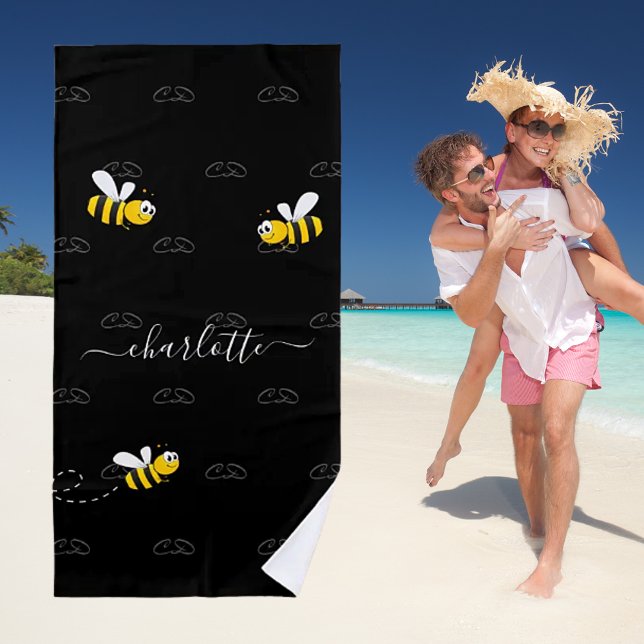 Black happy bumble bees summer fun humour monogram beach towel (Creator Uploaded)