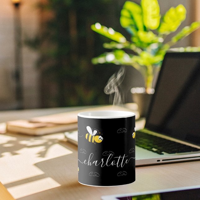 Black happy bumble bees summer fun humour monogram coffee mug (Creator Uploaded)