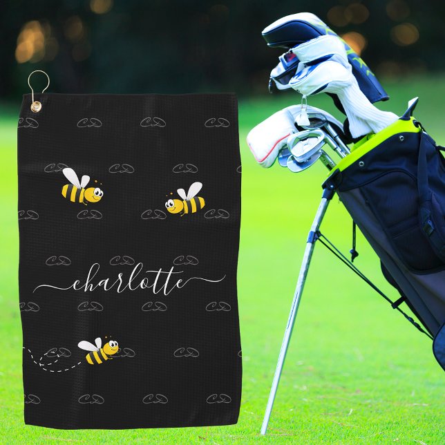 Black happy bumble bees summer fun humour monogram golf towel (Creator Uploaded)
