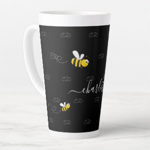 Black happy bumble bees summer fun humour monogram latte mug