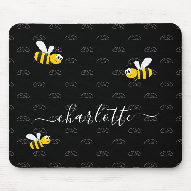Black happy bumble bees summer fun humour monogram mouse pad (Front)