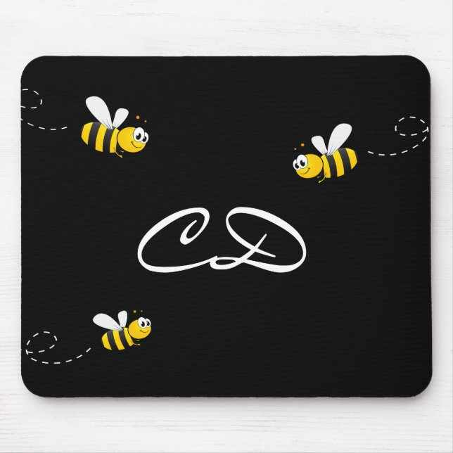 Black happy bumble bees summer fun humour monogram mouse pad (Front)