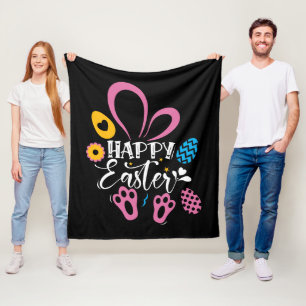 Black Happy Easter Cute Bunny Easter Eggs Hunt Fleece Blanket