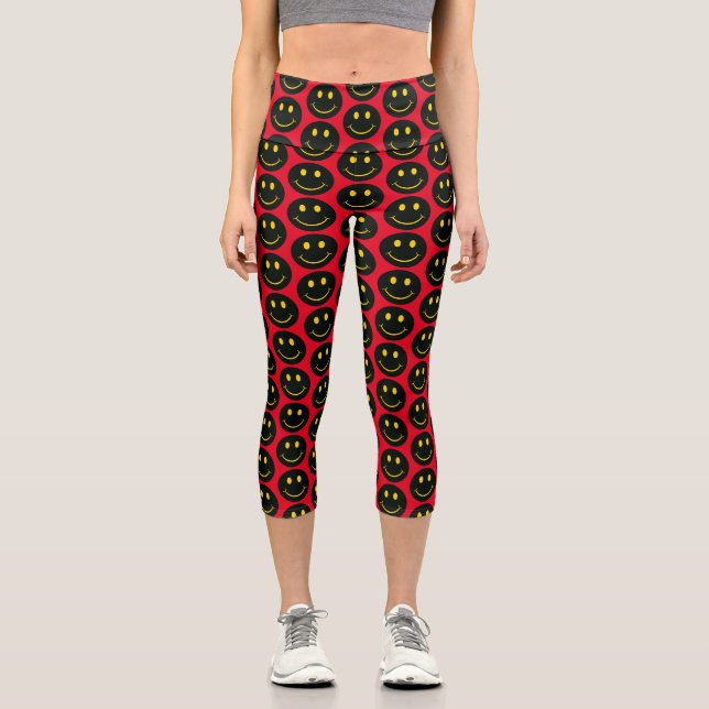 Black Happy Face Capri Leggings (Front)