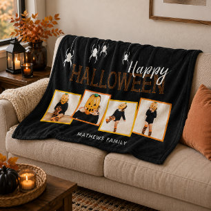 Black Happy Halloween 4 Photo Collage Spiders Fleece Blanket