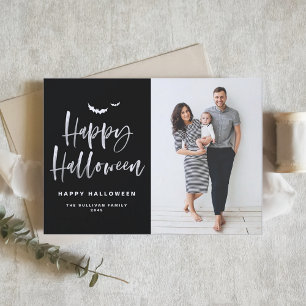 Black Happy Halloween Brush Lettering Photo Holiday Card