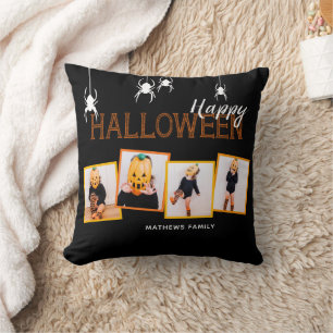 Black Happy Halloween Photo Collage Spiders Cushion