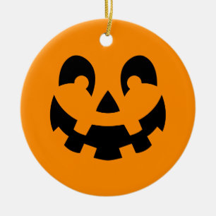 Black Happy Halloween Pumpkin Face Shape On Orange Ceramic Ornament