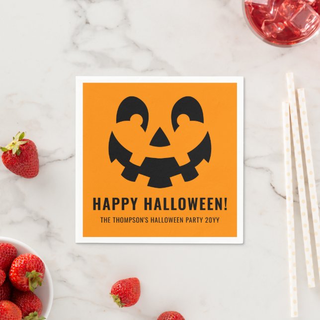 Black Happy Halloween Pumpkin Face Shape On Orange Napkin (Insitu)