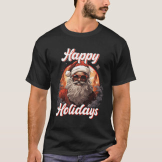 Black Happy Holidays African American Santa Black T-Shirt