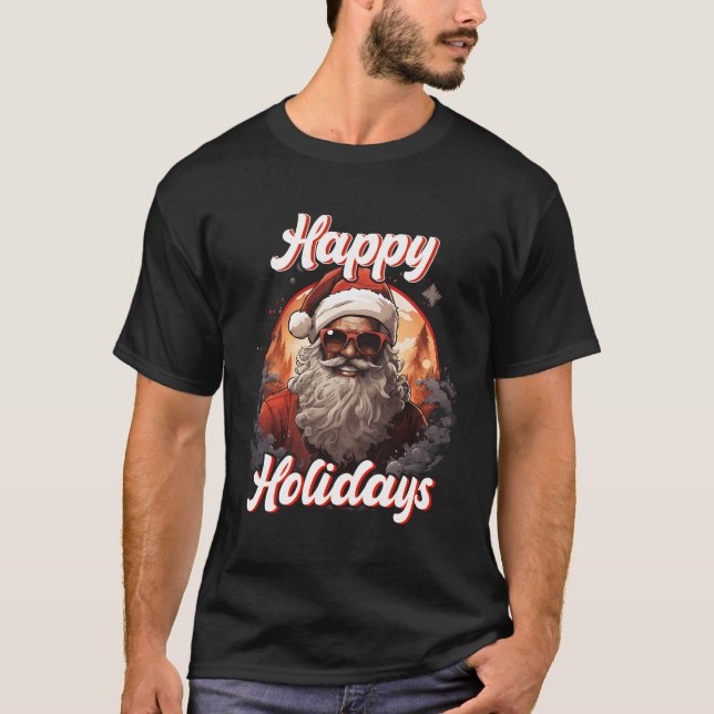 Black Happy Holidays African American Santa Black T-Shirt (Front)