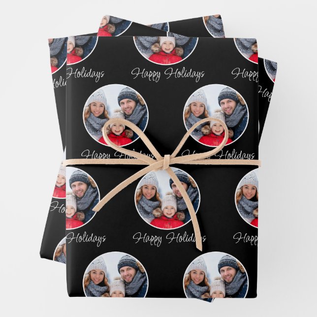 Black Happy Holidays Family Photo Christmas Wrapping Paper Sheet (In situ)