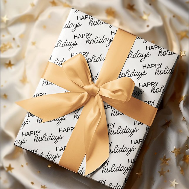 Black Happy Holidays Wordart Pattern On White Wrapping Paper (Creator Uploaded)