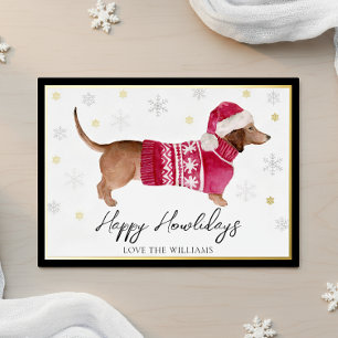 Black Happy Howlidays Watercolor Dachshund Dog Foil Holiday Card