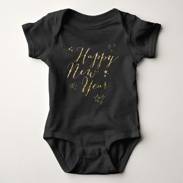 Black Happy New Year Baby Bodysuits Gold Foil (Front)