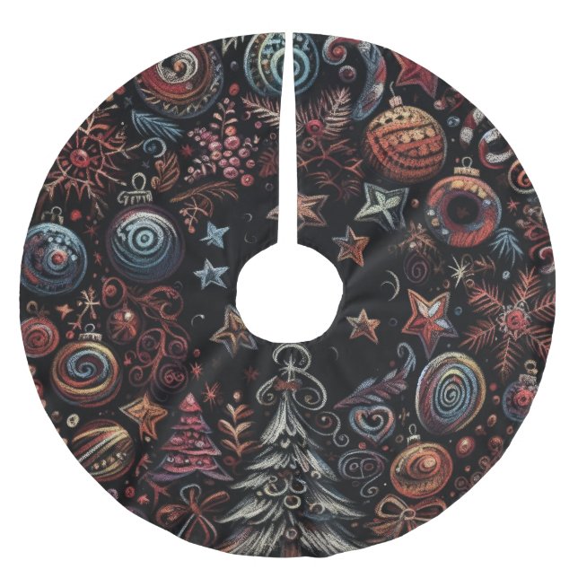 Black Hard Pastels Drawing Christmas Motifs Brushed Polyester Tree Skirt (Front)