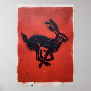 Black Hare Red Linocut Folk Art Poster