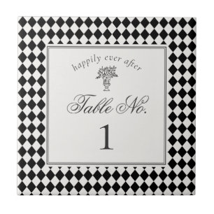 Black Harlequin Checkered Wedding Table Number Ceramic Tile