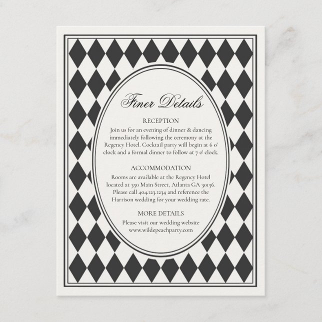 Black Harlequin Chequered Finer Details Wedding Enclosure Card (Front)
