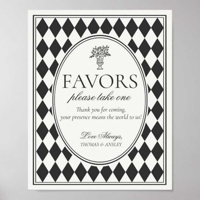 Black Harlequin Chequered Wedding Favours Sign (Front)