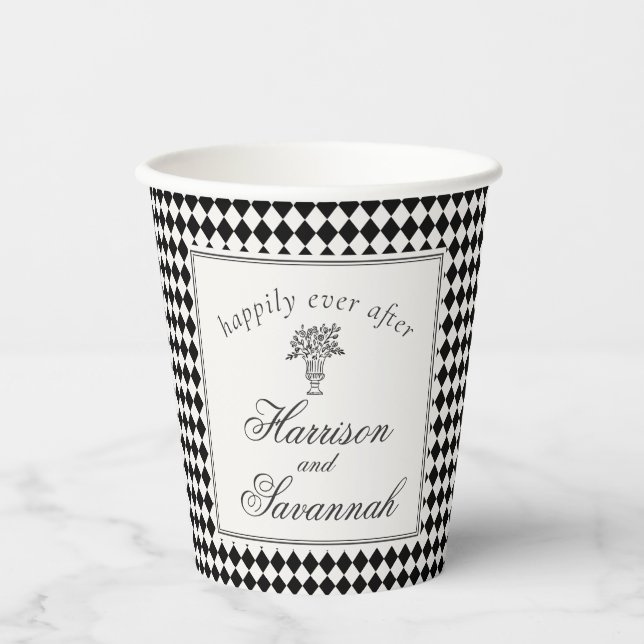 Black Harlequin Chequered Wedding Paper Cups (Front)