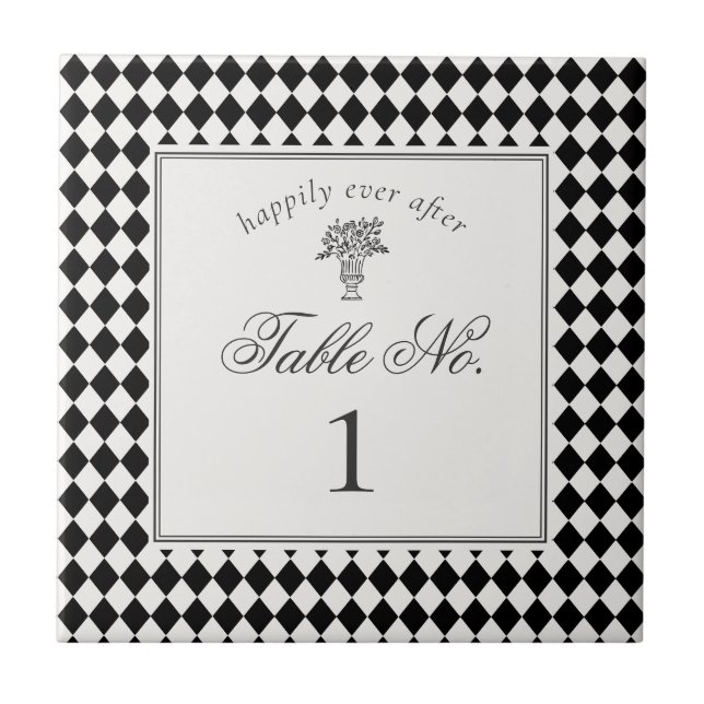 Black Harlequin Chequered Wedding Table Number Ceramic Tile (Front)
