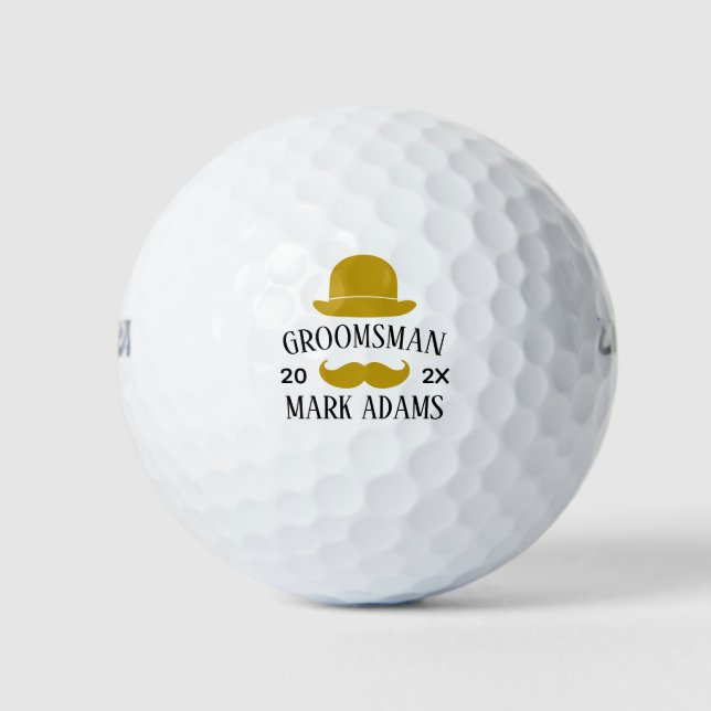 Black Hat Moustache Gentleman Vintage Groomsmen Golf Balls (Front)