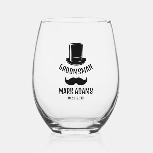 Black Hat Moustache Gentleman Vintage Groomsmen Stemless Wine Glass