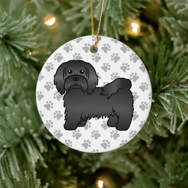 Black Havanese Cute Cartoon Dog Illustration Ceramic Ornament (Tree)