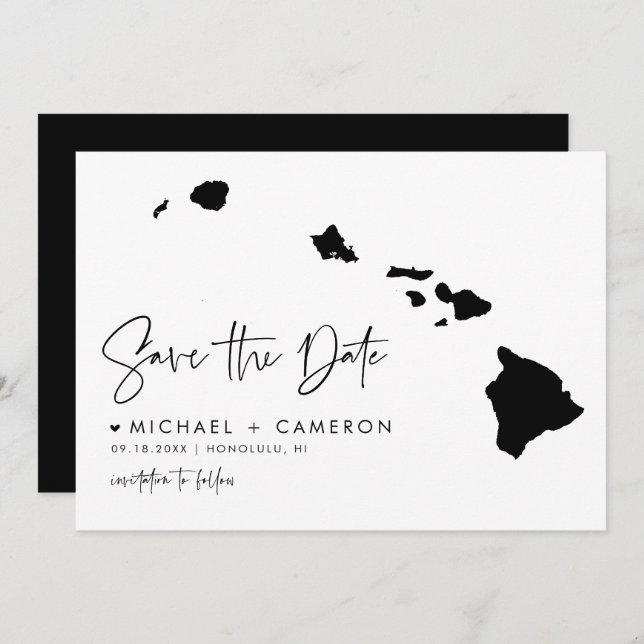 Black Hawaii Map Modern Minimalist Script Save The Date (Front/Back)