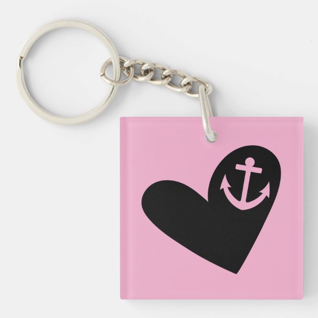 Black Heart Anchor Pink Square Acrylic Key Ring (Front)