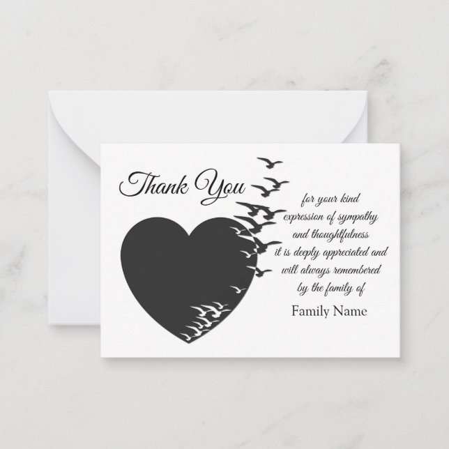 Black Heart And Bird After Funeral Thank You Cards (Front)