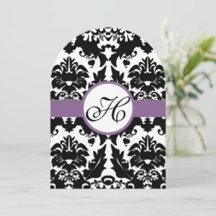 Black Heart Damask Purple Trim Wedding Invitation