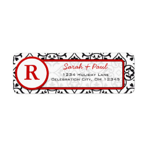 Black Heart Damask Red Font Return Address Label