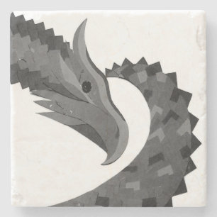 Black heart dragon on white stone coaster
