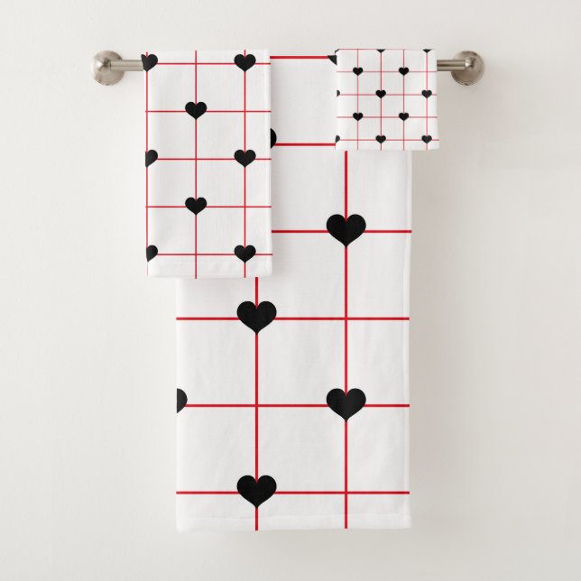 Black Heart Grid with Red Linework Bath Towel Set (Insitu)