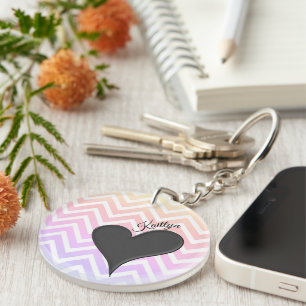 Black Heart on Ombre Chevron Stripe with Name Key Ring