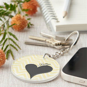 Black Heart on Yellow Chevron Stripe with Name Key Ring